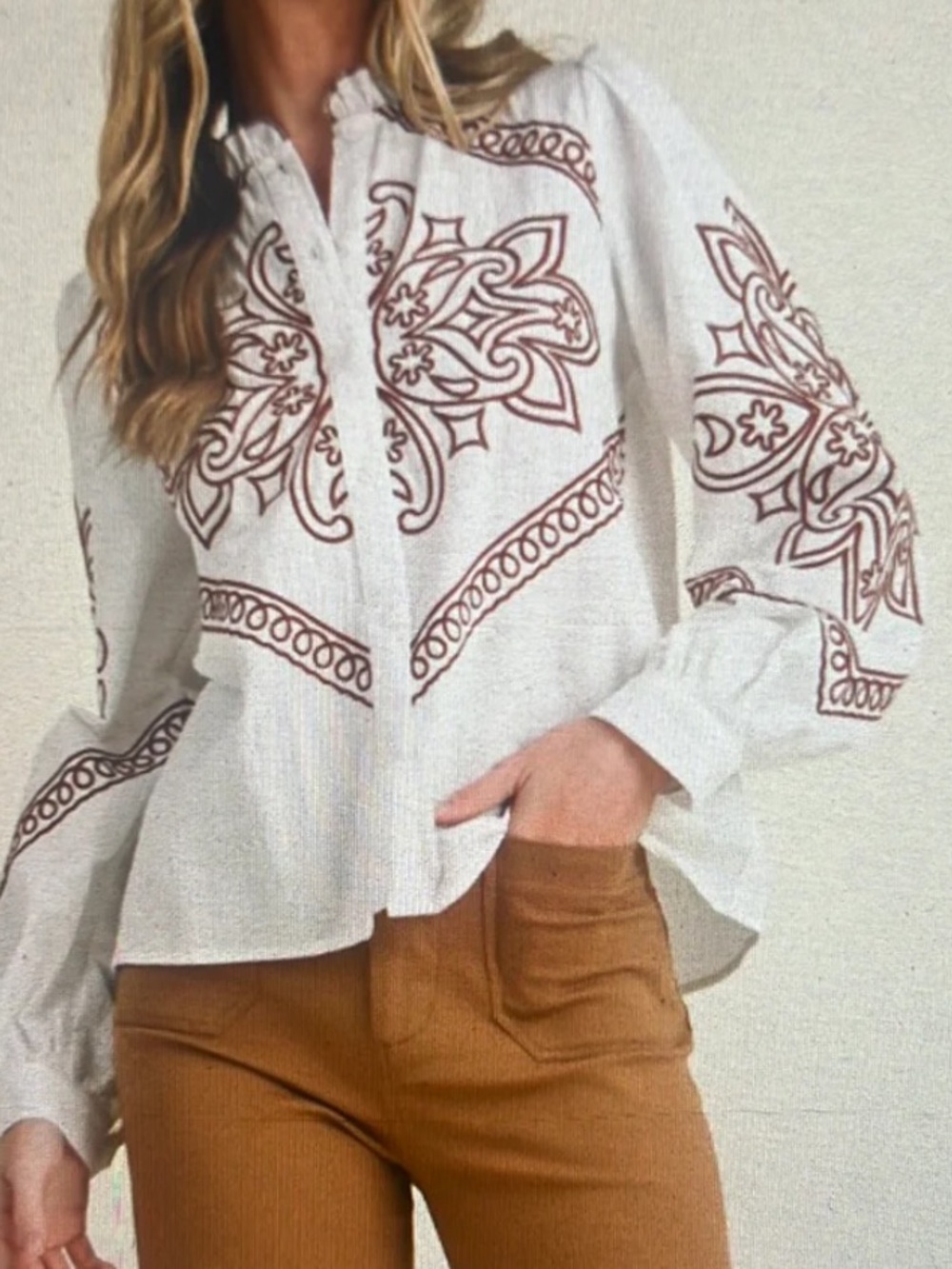Sezane Blouse White Brown embroidery boho chic cotton linen top shirt